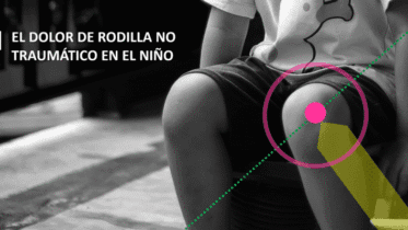 Niño sentado con dolor en la rodilla derecha, resaltada con un círculo rosa y líneas de análisis, para ilustrar el dolor de rodilla no traumático en niños y el dolor de rodillas en niños de 2 a 3 años.