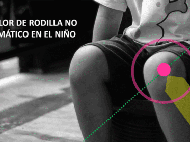 Niño sentado con dolor en la rodilla derecha, resaltada con un círculo rosa y líneas de análisis, para ilustrar el dolor de rodilla no traumático en niños y el dolor de rodillas en niños de 2 a 3 años.