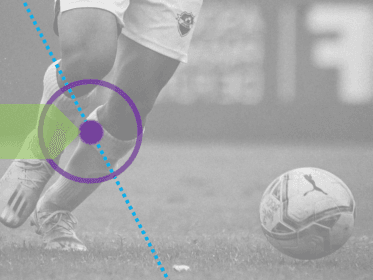 Jugador de futbol con la rodilla marcada para explicar alineación, carga articular y dolor de rodilla en el deporte.