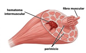 Ilustración de fibra muscular con hematoma intermuscular y perimicio señalados para explicar una lesión muscular.